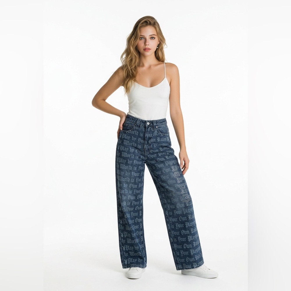 PLAYBOY Navy Blue Logo-Print Wide Leg Jeans